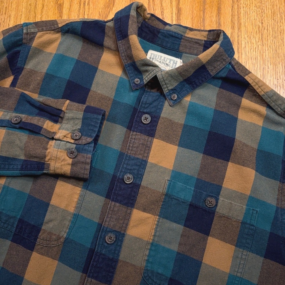 Duluth Trading Co Flannel Shirt Mens 2XL Tall Blue Brown Plaid Slim Fit Cotton